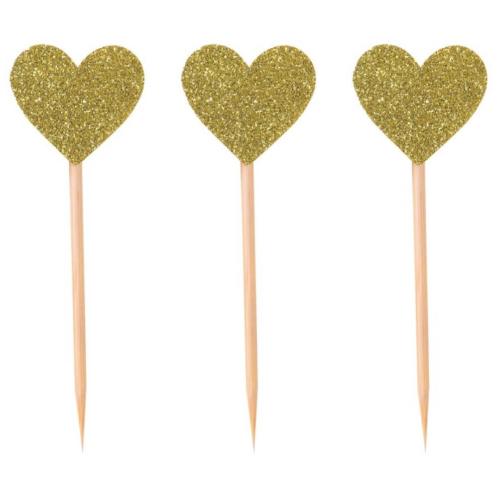 Piques à gâteau Cœur – Or – Lot de 12 - 21220 - Pailles, Pics & Agitateurs