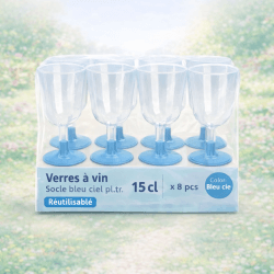 8 Verres à vin 15 cl socle bleu ciel réutilisables - 142596 - Verres à Pied & Coupes