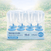8 Verres à vin 15 cl socle bleu ciel réutilisables - 142596 - Verres à Pied & Coupes