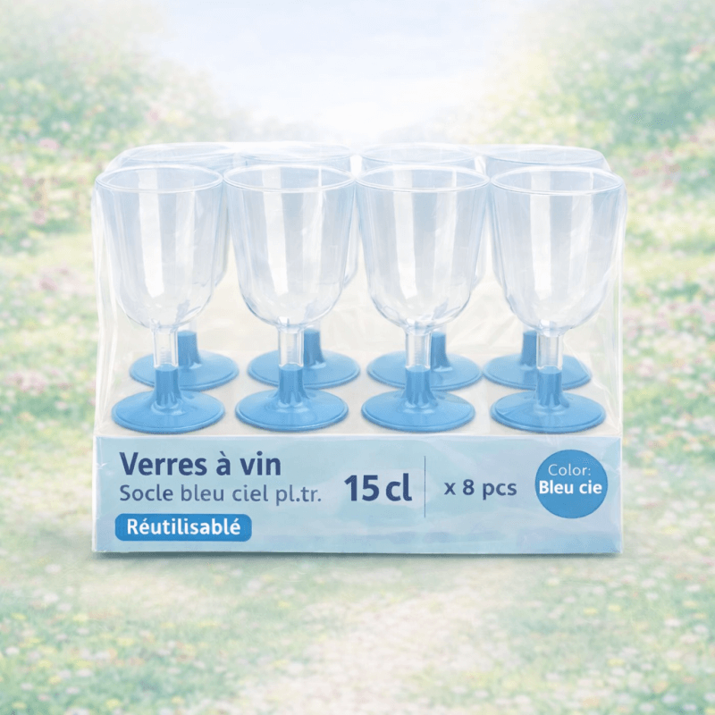 8 Verres à vin 15 cl socle bleu ciel réutilisables - 142596 - Verres à Pied & Coupes