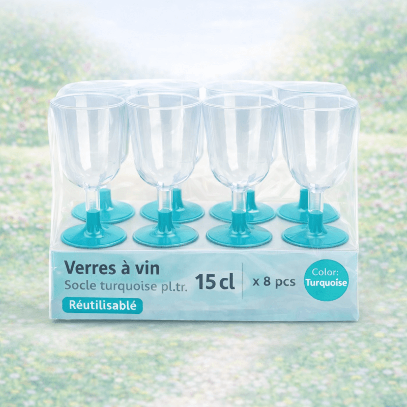 8 Verres à vin 15 cl socle turquoise réutilisables - 142625 - Verres à Pied & Coupes