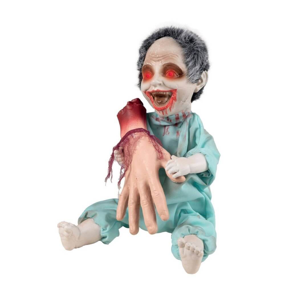 Zombie maniaque animé avec main arrachée sonore lumineux 30 cm | Fiesta Factory