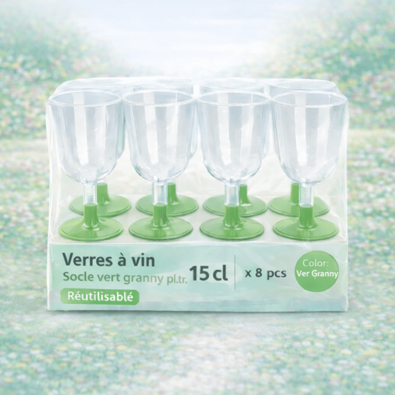 8 Verres à vin 15 cl socle vert granny réutilisables - 142635 - Verres à Pied & Coupes