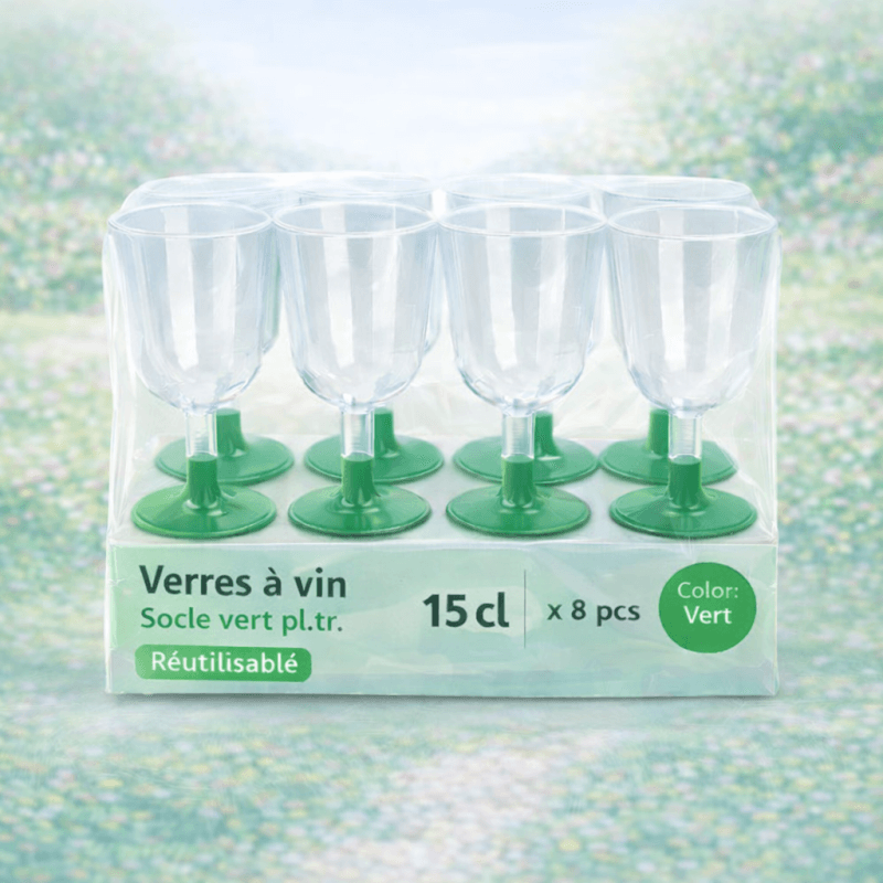 8 Verres à vin 15 cl socle vert réutilisables - 142636 - Verres à Pied & Coupes