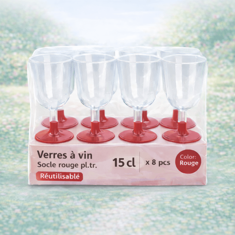 8 Verres à vin 15 cl socle rouge réutilisables - 142631 - Verres à Pied & Coupes