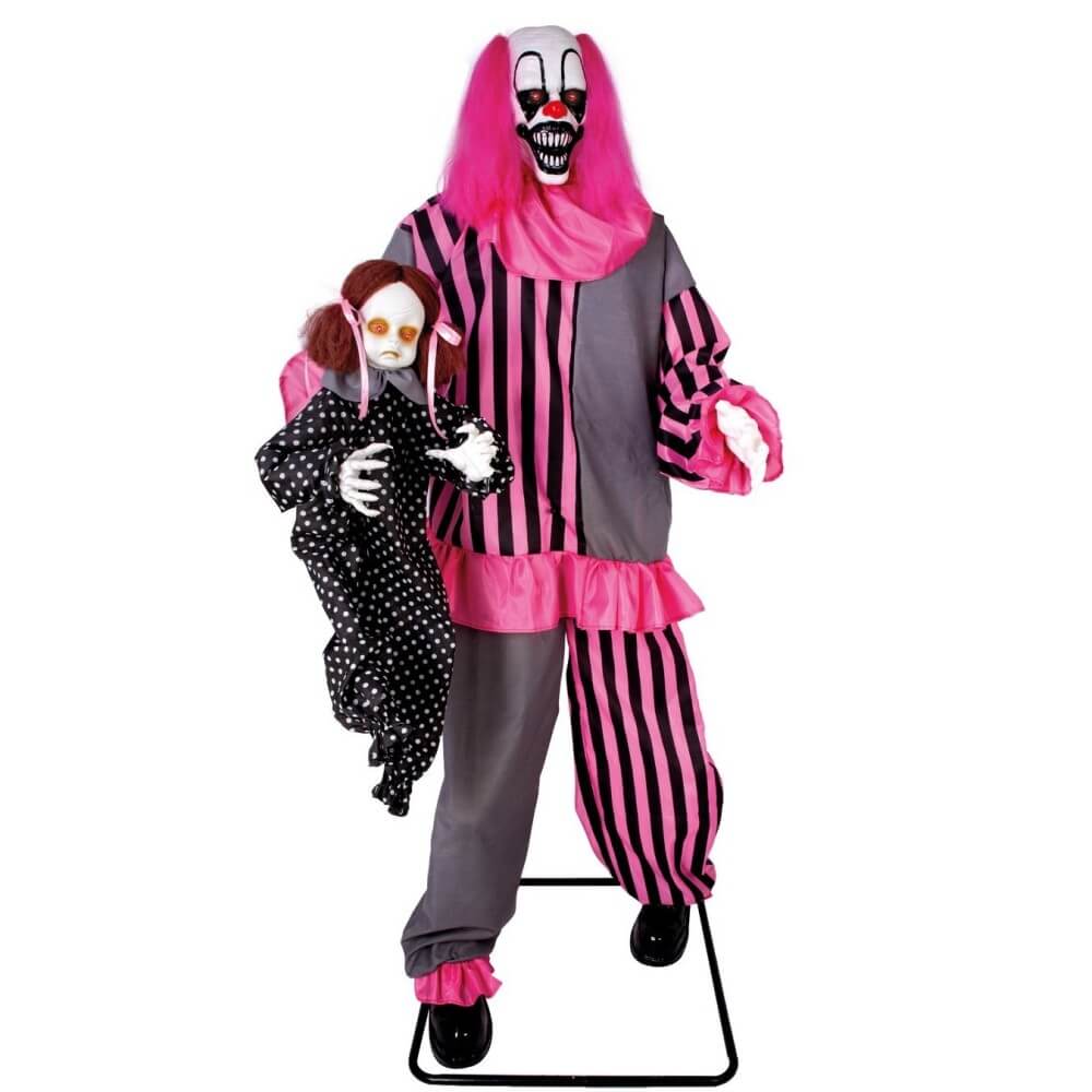 Clown effrayant animé Halloween avec fillette lumineux sonore 182 cm