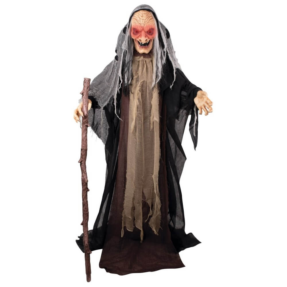 Sorcière animée Halloween lumineuse sonore sur pied 153 cm
