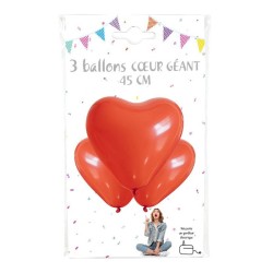 Lot de 3 ballons XL cœur rouge 45 cm – Latex biodégradable – Air ou hélium - 36428RG - Ballons latex