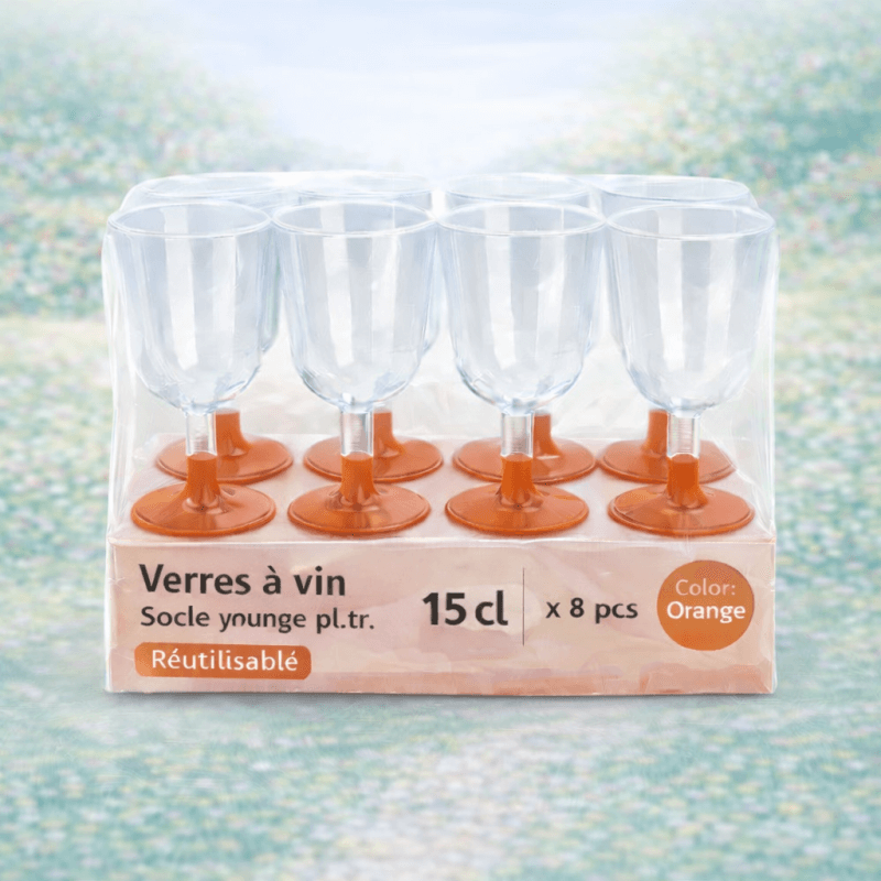 8 Verres à vin 15 cl socle orange réutilisables - 142640 - Verres à Pied & Coupes