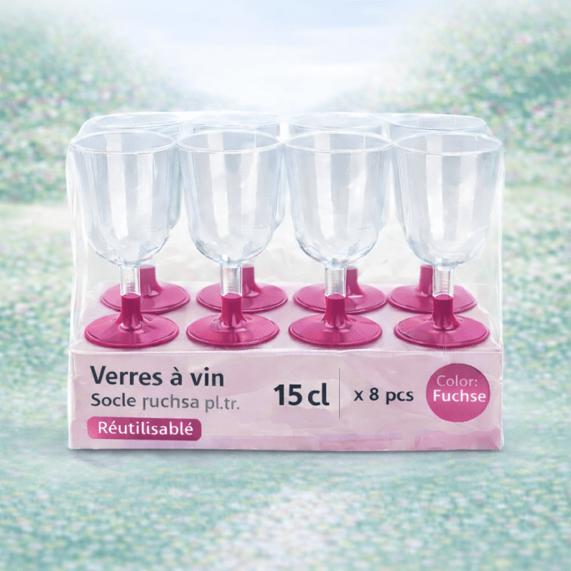 8 Verres à vin 15 cl socle fuchsia réutilisables - 142627 - Verres à Pied & Coupes