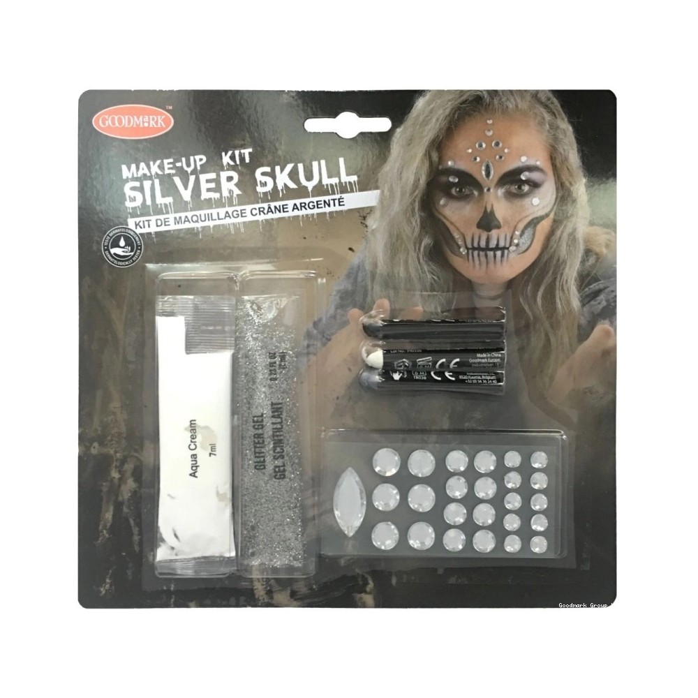 Kit tête de mort argentée Halloween pas cher | Fiesta Factory