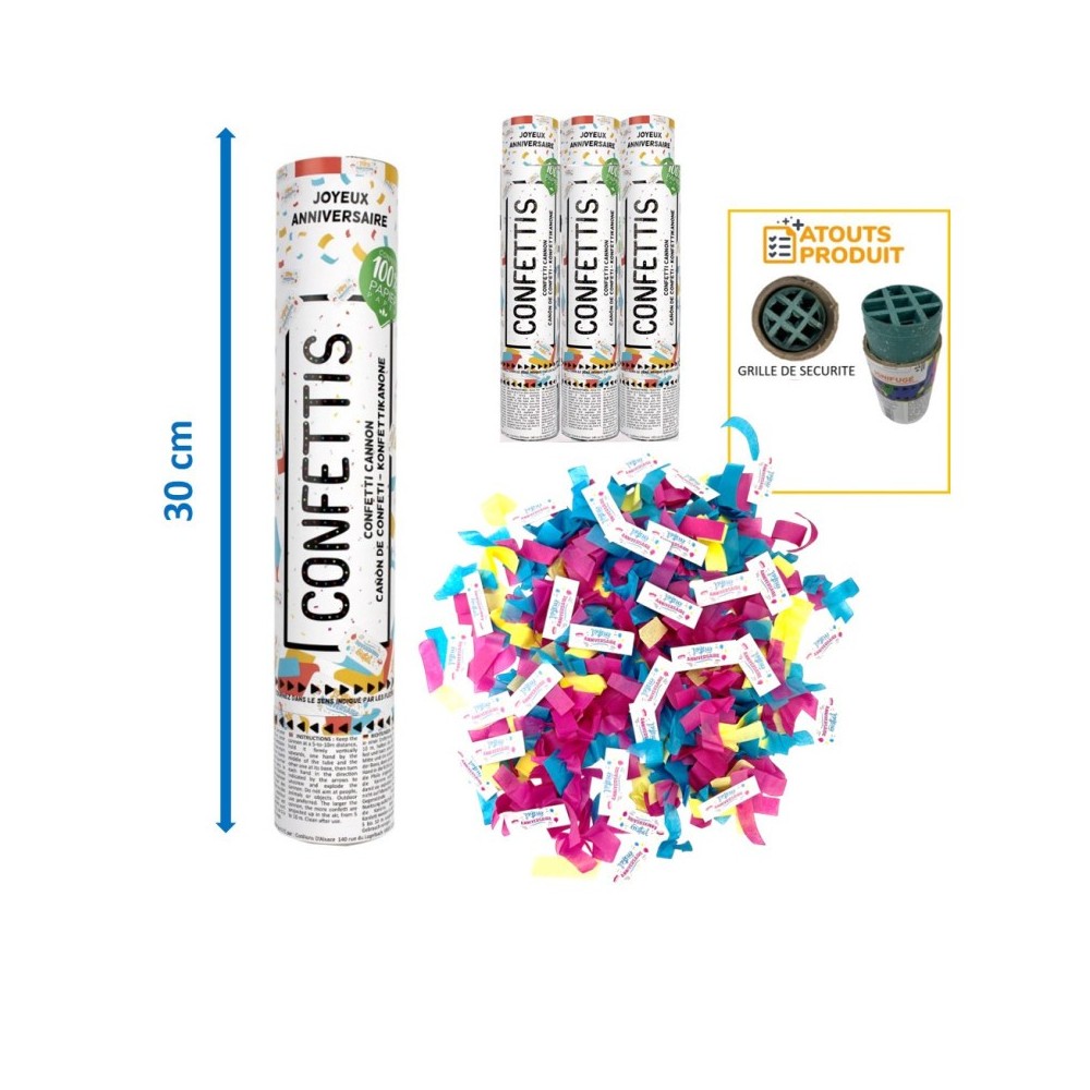 Canon à confettis Joyeux Anniversaire 30 cm pas cher | Fiesta Factory