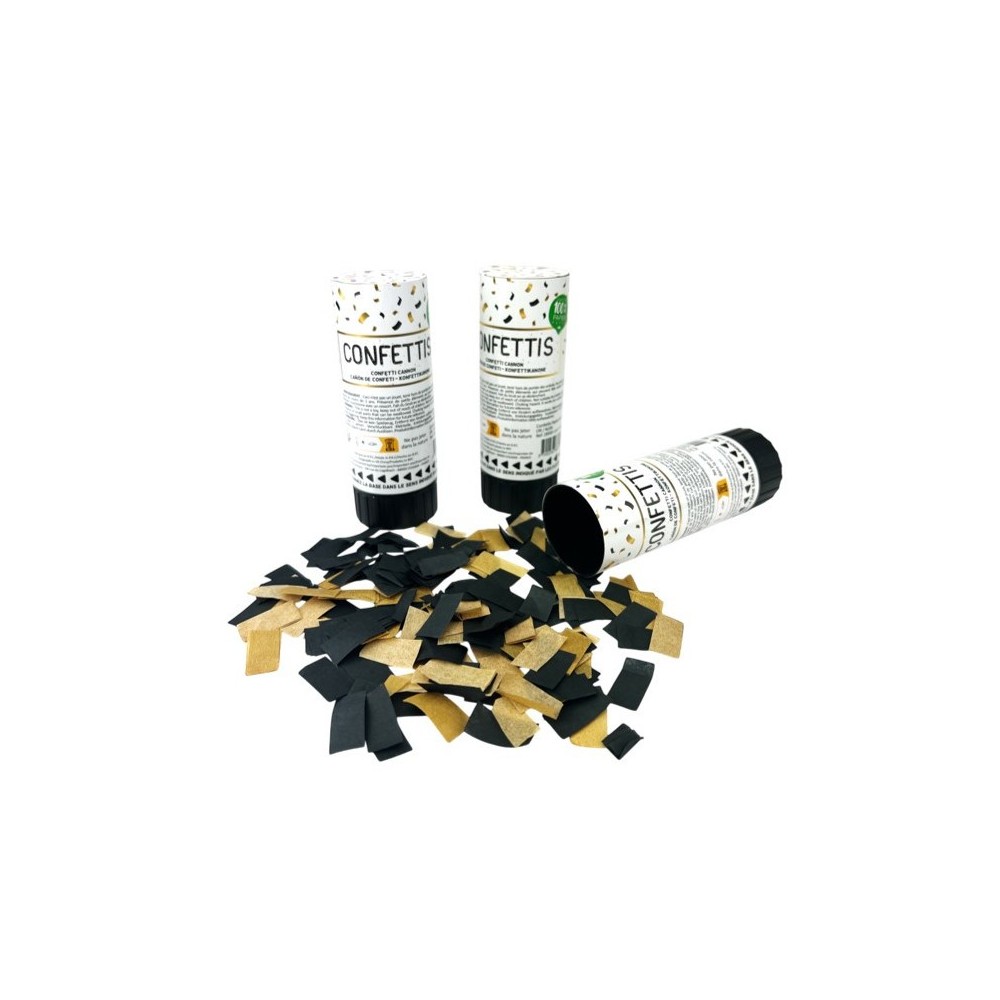 Lot 3 canons à confettis noir et or 11 cm pas cher | Fiesta Factory