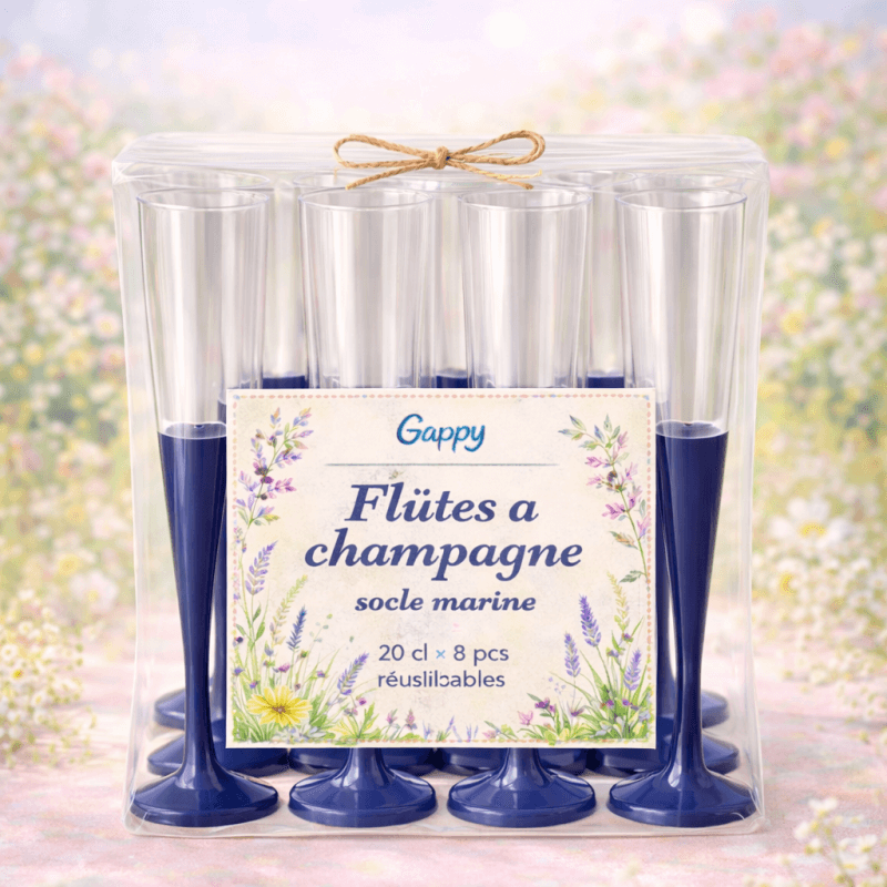 8 Flûtes à champagne 20 cl socle marine réutilisables - 142616 - Verres à Pied & Coupes