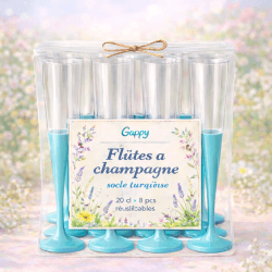 8 Flûtes à champagne 20 cl socle turquoise réutilisables - 142606 - Verres à Pied & Coupes