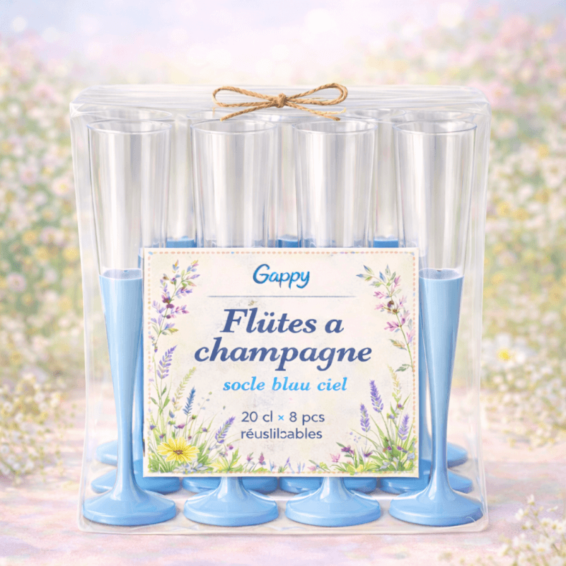8 Flûtes à champagne 20 cl socle bleu ciel réutilisables - 142598 - Verres à Pied & Coupes