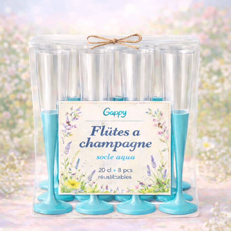 8 Flûtes à champagne 20 cl socle aqua réutilisables - 142590 - Verres à Pied & Coupes