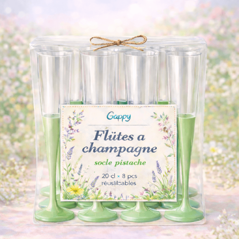 8 Flûtes à champagne 20 cl socle pistache réutilisables - 142607 - Verres à Pied & Coupes