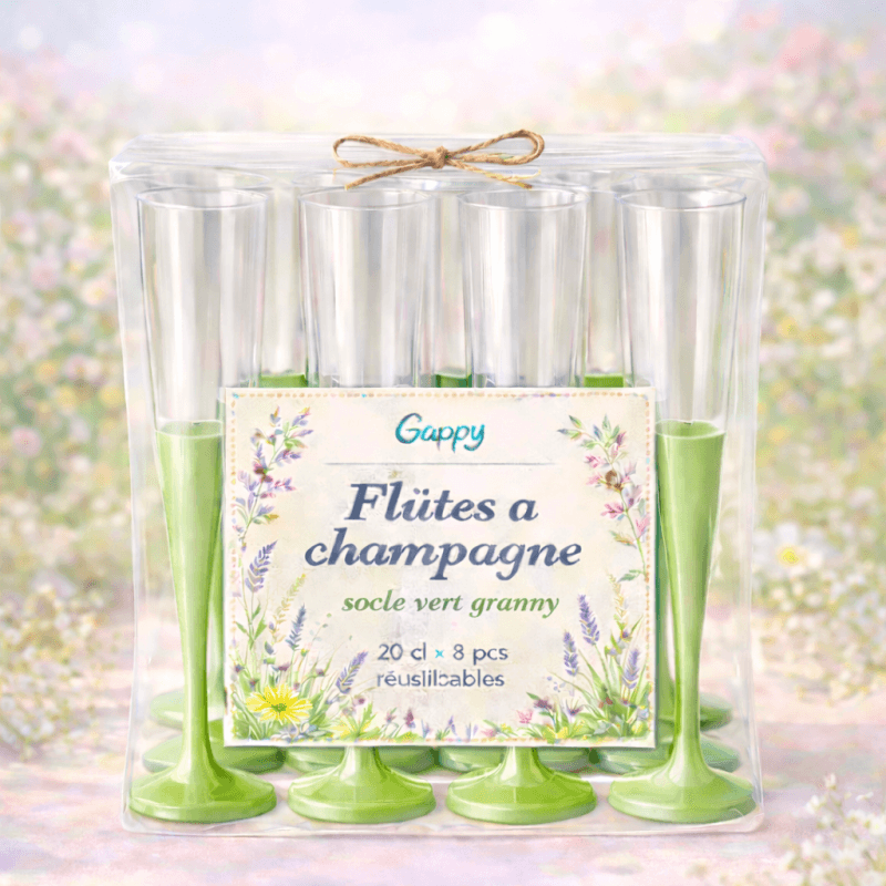 8 Flûtes à champagne 20 cl socle vert granny réutilisables - 142617 - Verres à Pied & Coupes